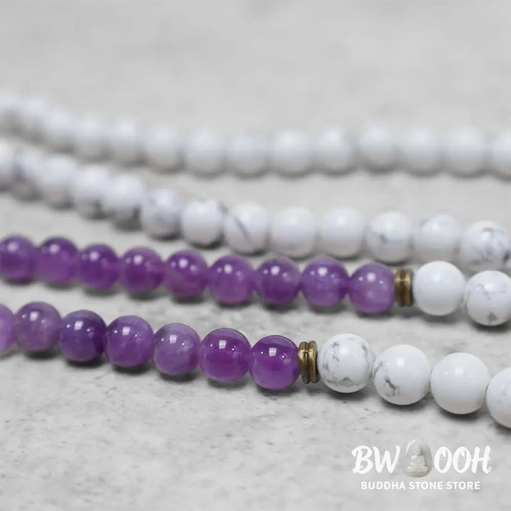 BWOOOH 108-bead Amethyst and White Turquoise OM Mala bracelet, featuring deep purple amethyst, serene white turquoise, and a central OM symbol on premium elastic string, designed for meditation, emotional balance, and spiritual healing. - View 5