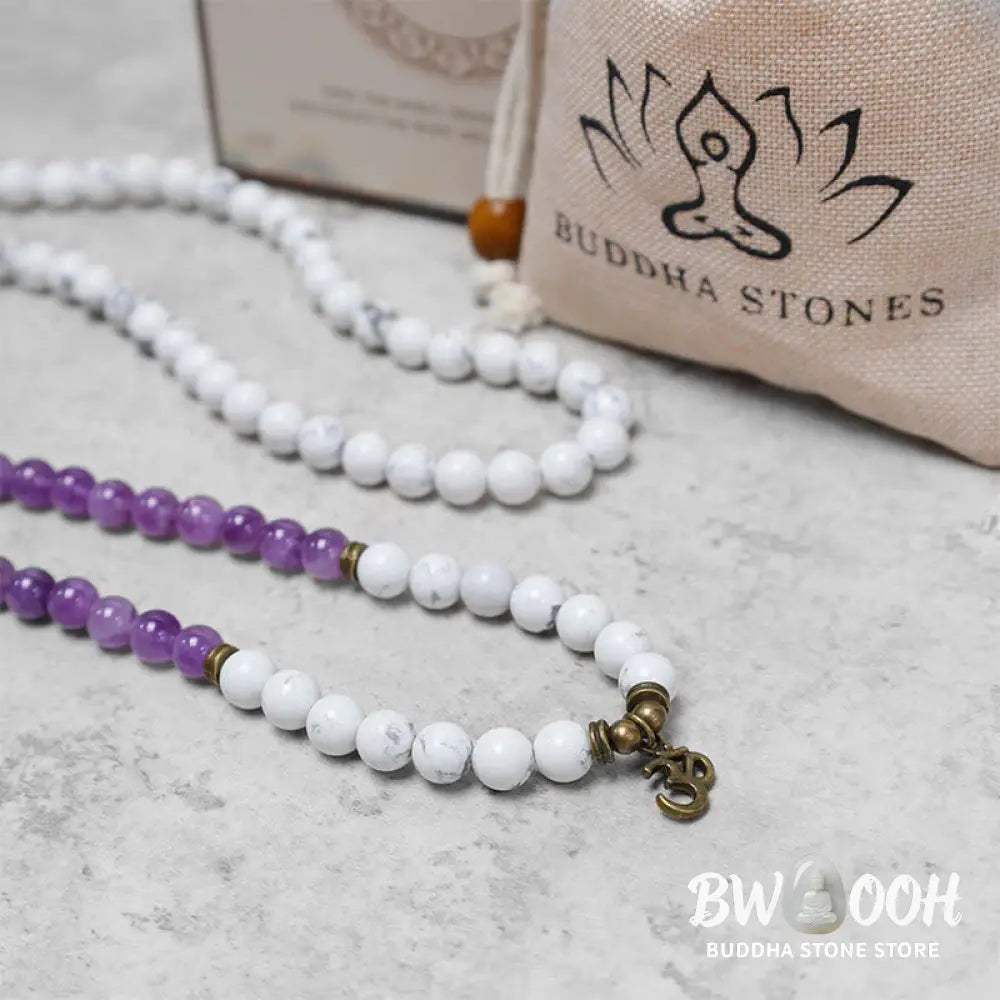 BWOOOH 108-bead Amethyst and White Turquoise OM Mala bracelet, featuring deep purple amethyst, serene white turquoise, and a central OM symbol on premium elastic string, designed for meditation, emotional balance, and spiritual healing. - View 8