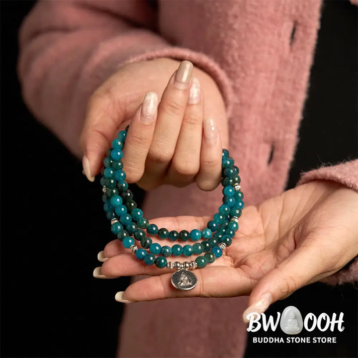BWOOOH Apatite 108 Mala Beads bracelet with an intricate Om, Tree of Life, or Lotus pendant. This 6mm natural apatite bead mala is designed for meditation, spiritual clarity, and balancing inner energy. - View 20