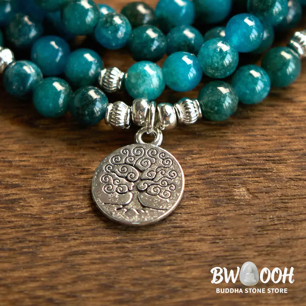 BWOOOH Apatite 108 Mala Beads bracelet with an intricate Om, Tree of Life, or Lotus pendant. This 6mm natural apatite bead mala is designed for meditation, spiritual clarity, and balancing inner energy. - View 10