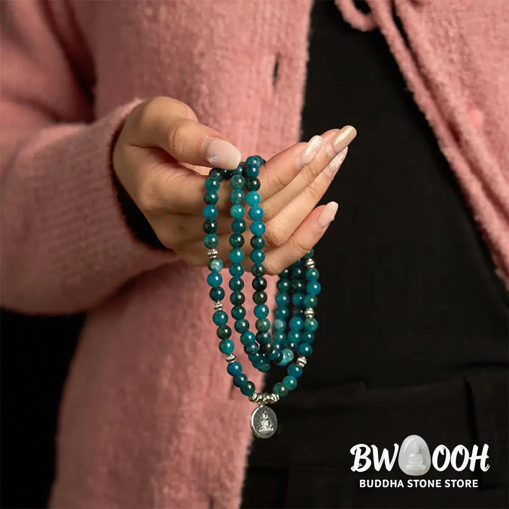 BWOOOH Apatite 108 Mala Beads bracelet with an intricate Om, Tree of Life, or Lotus pendant. This 6mm natural apatite bead mala is designed for meditation, spiritual clarity, and balancing inner energy. - View 19