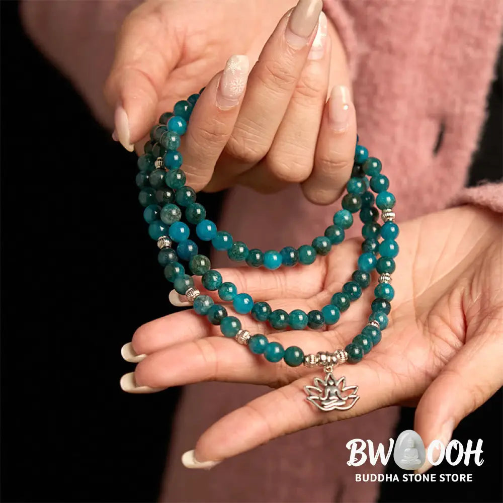 BWOOOH Apatite 108 Mala Beads bracelet with an intricate Om, Tree of Life, or Lotus pendant. This 6mm natural apatite bead mala is designed for meditation, spiritual clarity, and balancing inner energy. - View 15
