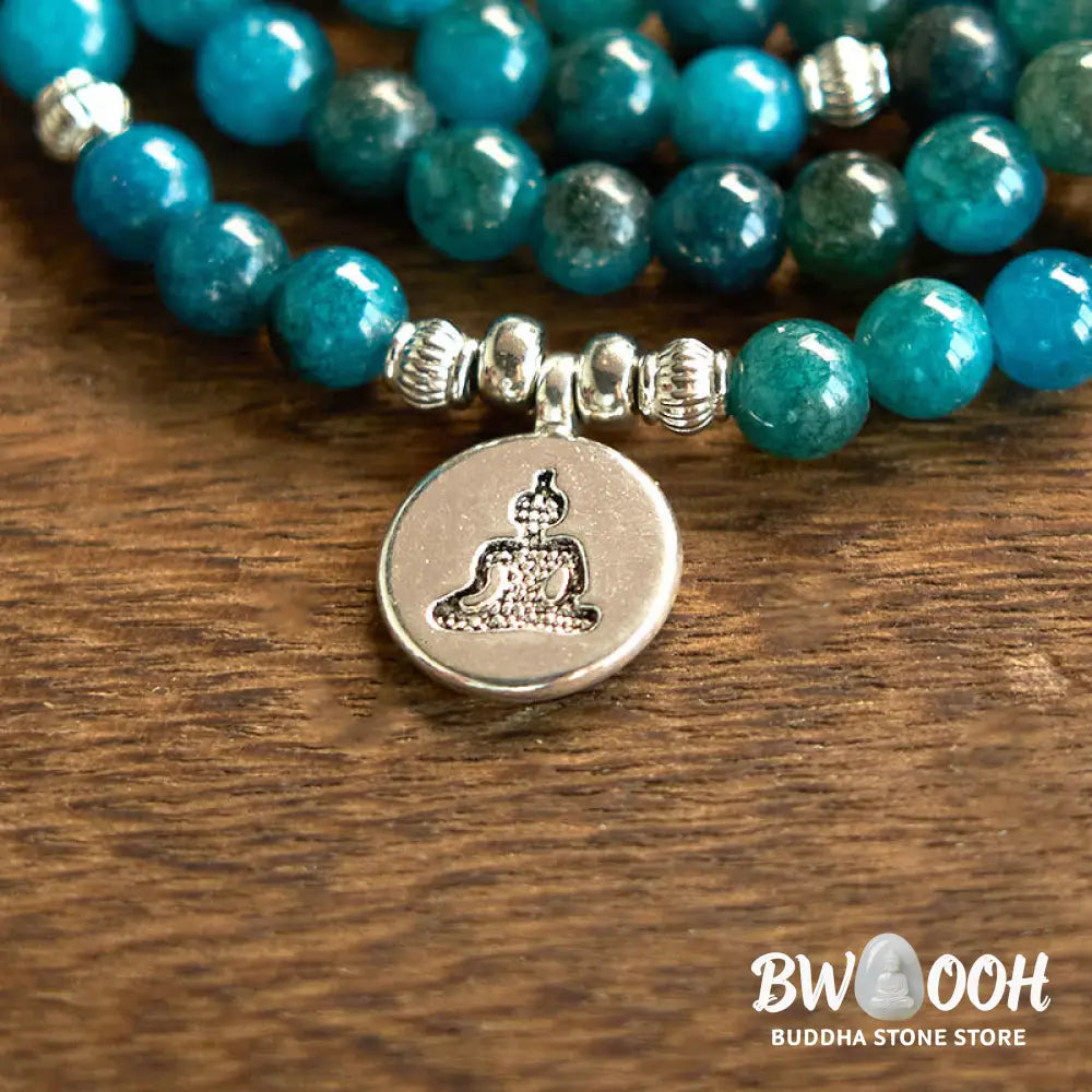 BWOOOH Apatite 108 Mala Beads bracelet with an intricate Om, Tree of Life, or Lotus pendant. This 6mm natural apatite bead mala is designed for meditation, spiritual clarity, and balancing inner energy. - View 21