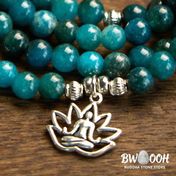 BWOOOH Apatite 108 Mala Beads bracelet with an intricate Om, Tree of Life, or Lotus pendant. This 6mm natural apatite bead mala is designed for meditation, spiritual clarity, and balancing inner energy. - View 16