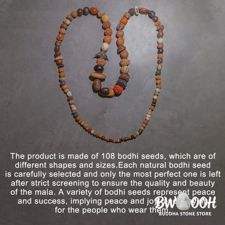 A close-up of the BWOOOH 108 Bodhi Seed Mala Bracelet, showcasing naturally varied seeds, a prominent guru bead, and a delicate lotus tassel, arranged for meditation or wrist wear. - View 5