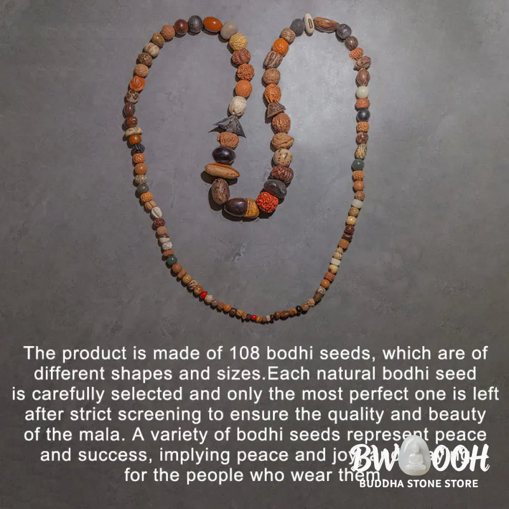 A close-up of the BWOOOH 108 Bodhi Seed Mala Bracelet, showcasing naturally varied seeds, a prominent guru bead, and a delicate lotus tassel, arranged for meditation or wrist wear. - View 10