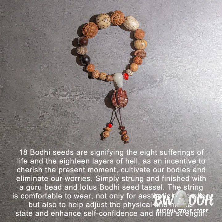 A close-up of the BWOOOH 108 Bodhi Seed Mala Bracelet, showcasing naturally varied seeds, a prominent guru bead, and a delicate lotus tassel, arranged for meditation or wrist wear. - View 8