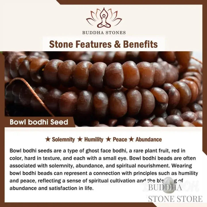 A close-up of the BWOOOH 108 Mala Bracelet, showcasing polished red Bowl Bodhi seeds, each with a distinct &