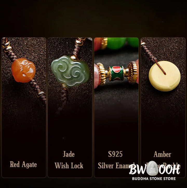 BWOOOH 108-bead meditation mala: vibrant Cyan Jade, rich Red Agate Laughing Buddha, Hetian Jade Ruyi &