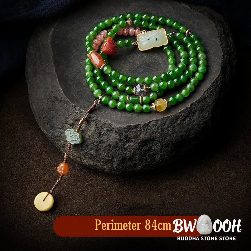 BWOOOH 108-bead meditation mala: vibrant Cyan Jade, rich Red Agate Laughing Buddha, Hetian Jade Ruyi &