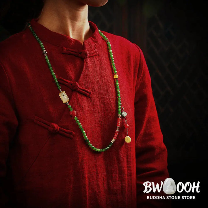 BWOOOH 108-bead meditation mala: vibrant Cyan Jade, rich Red Agate Laughing Buddha, Hetian Jade Ruyi &