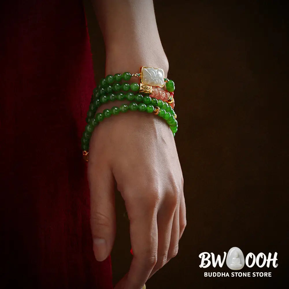 BWOOOH 108-bead meditation mala: vibrant Cyan Jade, rich Red Agate Laughing Buddha, Hetian Jade Ruyi &