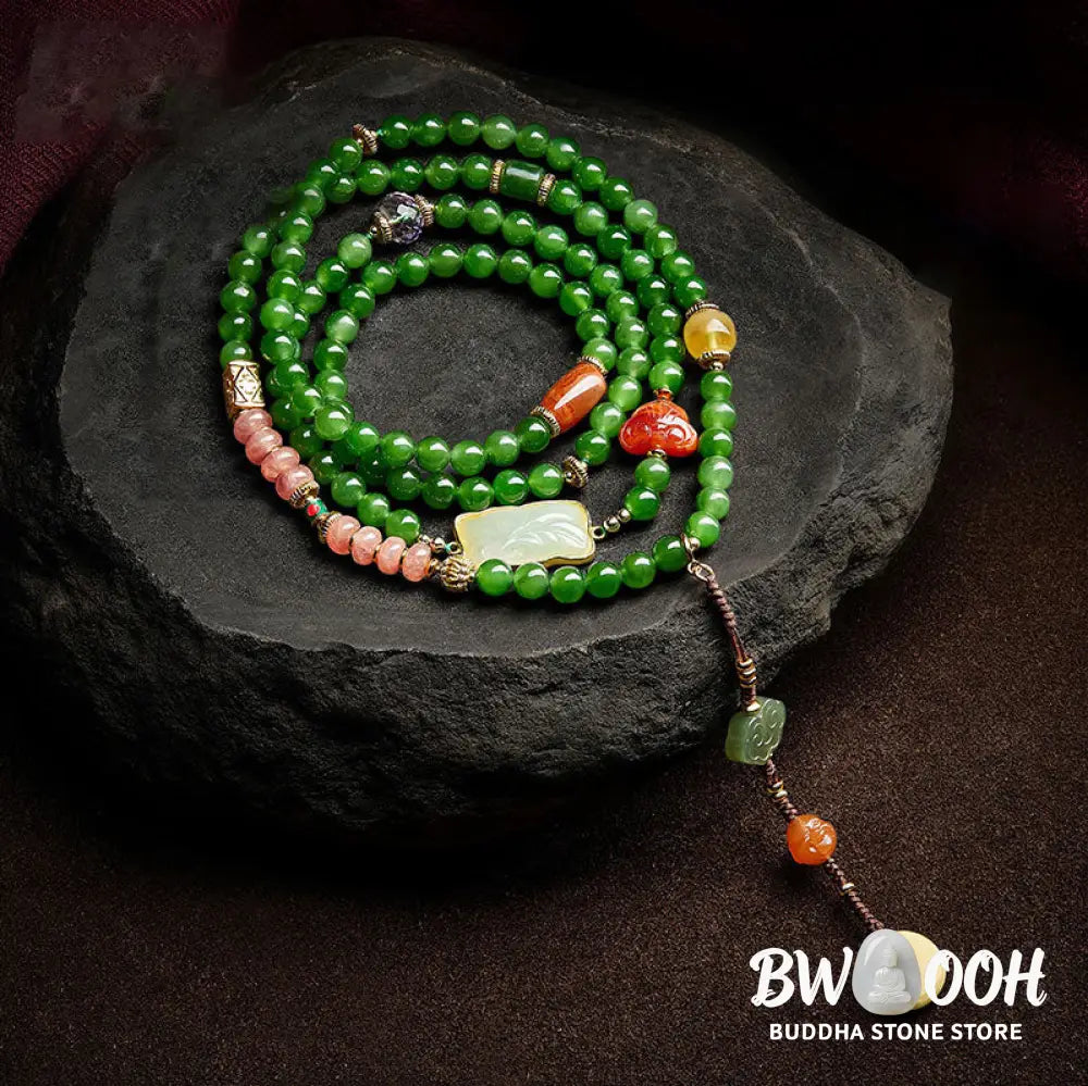 BWOOOH 108-bead meditation mala: vibrant Cyan Jade, rich Red Agate Laughing Buddha, Hetian Jade Ruyi &