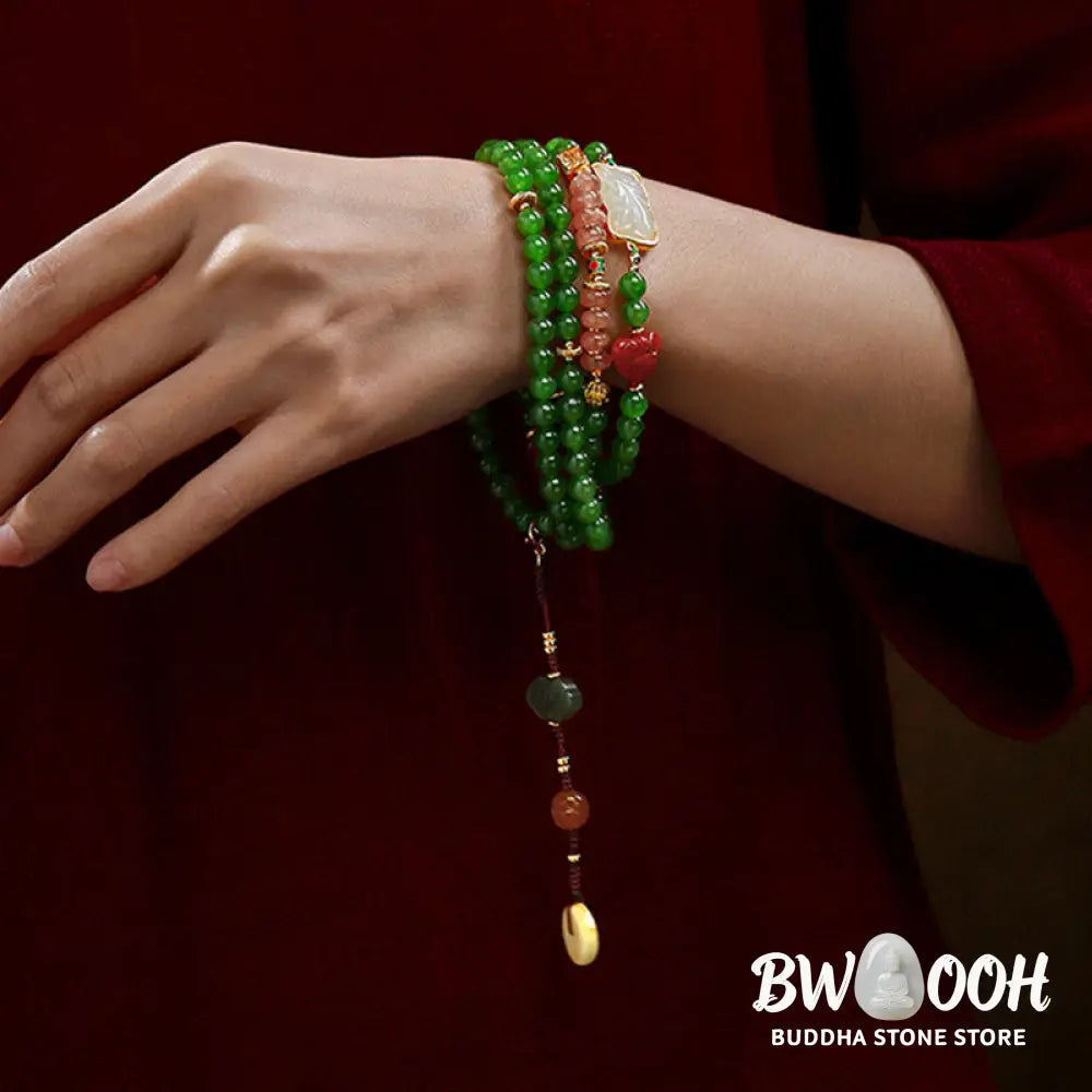 BWOOOH 108-bead meditation mala: vibrant Cyan Jade, rich Red Agate Laughing Buddha, Hetian Jade Ruyi &