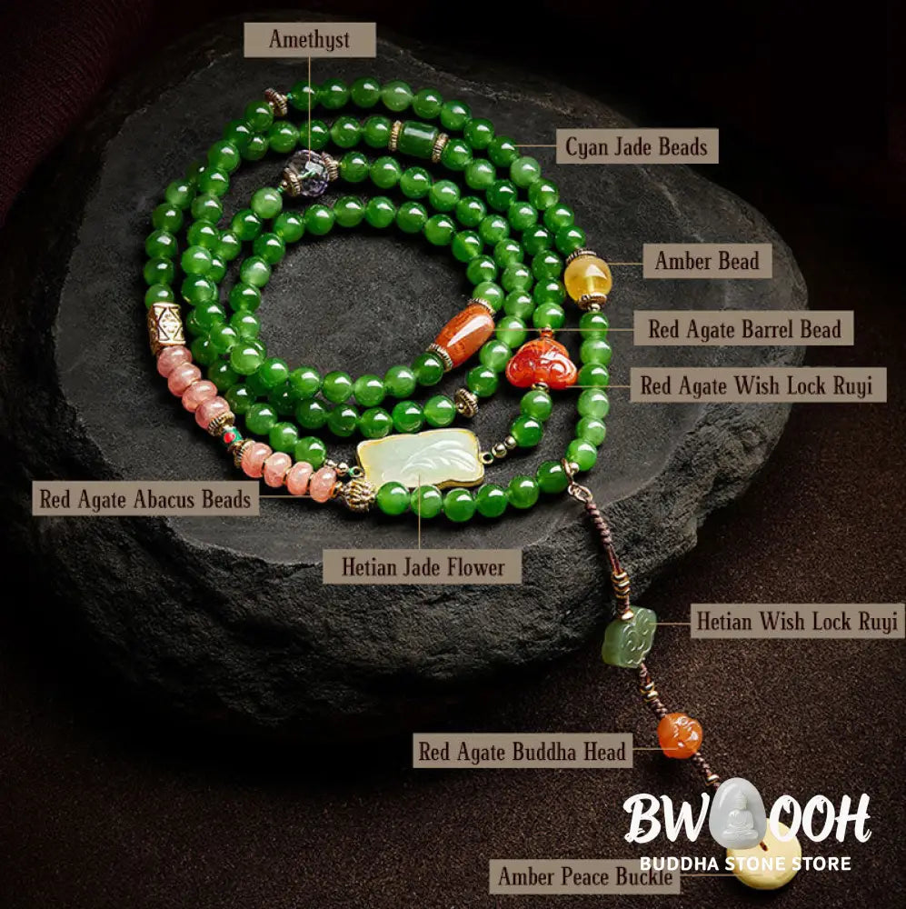 BWOOOH 108-bead meditation mala: vibrant Cyan Jade, rich Red Agate Laughing Buddha, Hetian Jade Ruyi &
