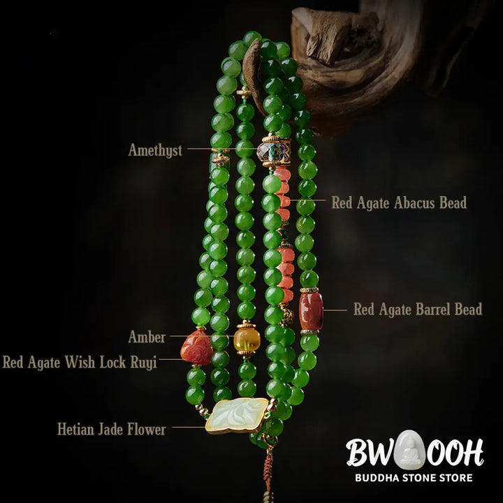 BWOOOH 108-bead meditation mala: vibrant Cyan Jade, rich Red Agate Laughing Buddha, Hetian Jade Ruyi &