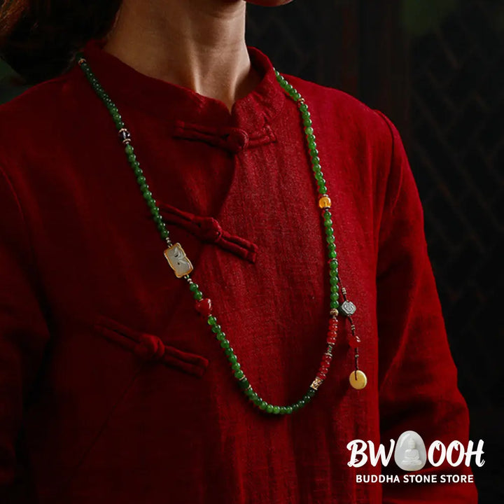 BWOOOH 108-bead meditation mala: vibrant Cyan Jade, rich Red Agate Laughing Buddha, Hetian Jade Ruyi &