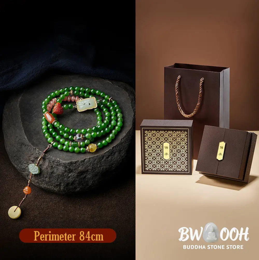 BWOOOH 108-bead meditation mala: vibrant Cyan Jade, rich Red Agate Laughing Buddha, Hetian Jade Ruyi &