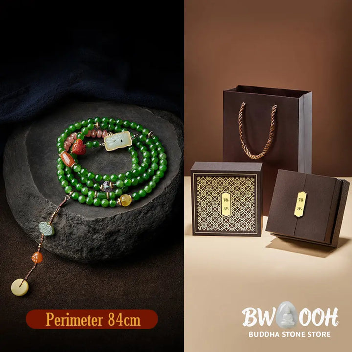 BWOOOH 108-bead meditation mala: vibrant Cyan Jade, rich Red Agate Laughing Buddha, Hetian Jade Ruyi &