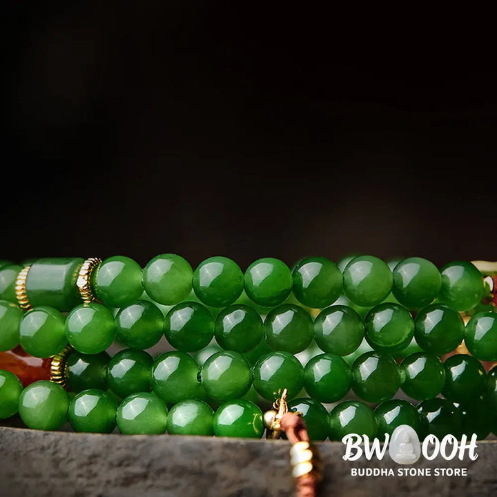 BWOOOH 108-bead meditation mala: vibrant Cyan Jade, rich Red Agate Laughing Buddha, Hetian Jade Ruyi &