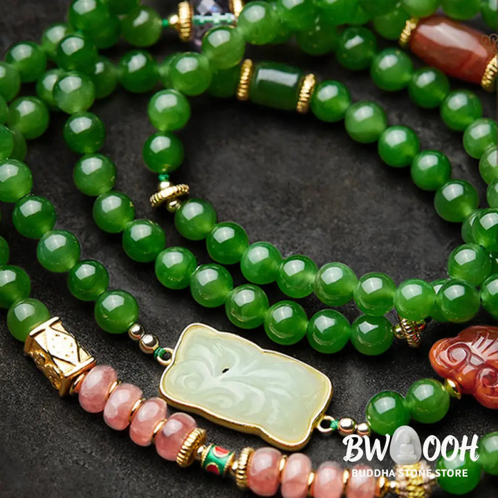 BWOOOH 108-bead meditation mala: vibrant Cyan Jade, rich Red Agate Laughing Buddha, Hetian Jade Ruyi &