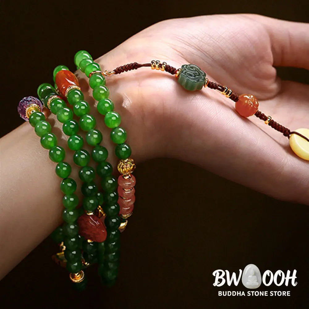 BWOOOH 108-bead meditation mala: vibrant Cyan Jade, rich Red Agate Laughing Buddha, Hetian Jade Ruyi &