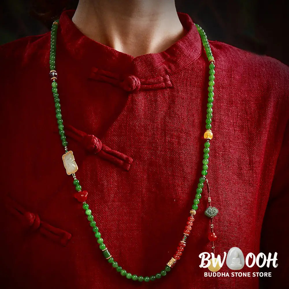 BWOOOH 108-bead meditation mala: vibrant Cyan Jade, rich Red Agate Laughing Buddha, Hetian Jade Ruyi &
