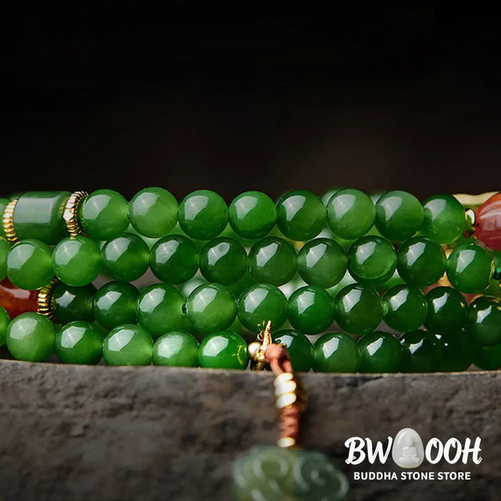BWOOOH 108-bead meditation mala: vibrant Cyan Jade, rich Red Agate Laughing Buddha, Hetian Jade Ruyi &