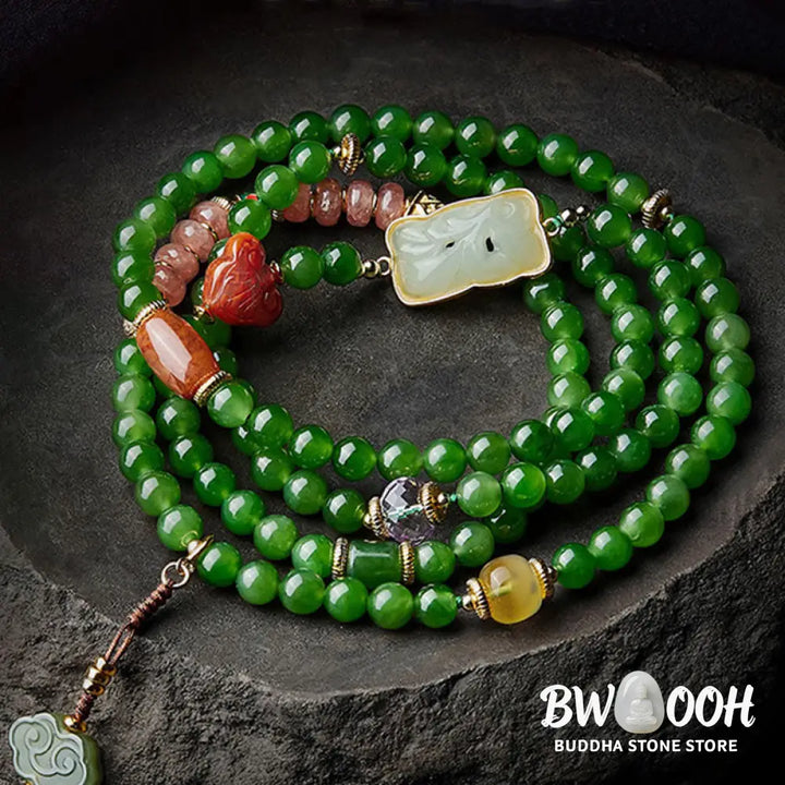 BWOOOH 108-bead meditation mala: vibrant Cyan Jade, rich Red Agate Laughing Buddha, Hetian Jade Ruyi &
