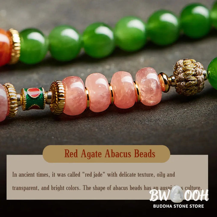 BWOOOH 108-bead meditation mala: vibrant Cyan Jade, rich Red Agate Laughing Buddha, Hetian Jade Ruyi &