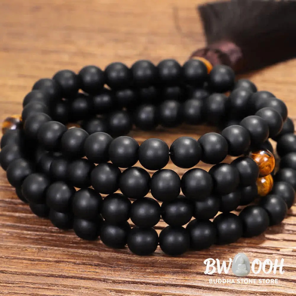 BWOOOH 108 Mala beads featuring frosted stone and natural tiger eye, worn as a balance bracelet and spiritual necklace pendant on elastic string. - View 6