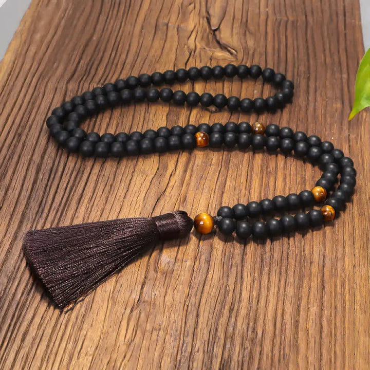 BWOOOH 108 Mala beads featuring frosted stone and natural tiger eye, worn as a balance bracelet and spiritual necklace pendant on elastic string. - View 5