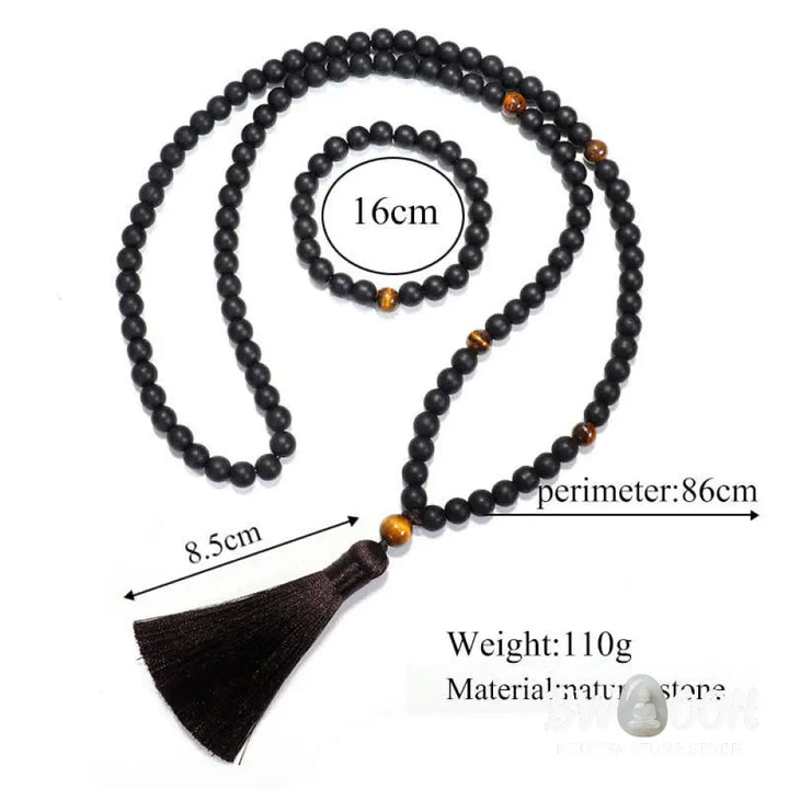BWOOOH 108 Mala beads featuring frosted stone and natural tiger eye, worn as a balance bracelet and spiritual necklace pendant on elastic string. - View 9