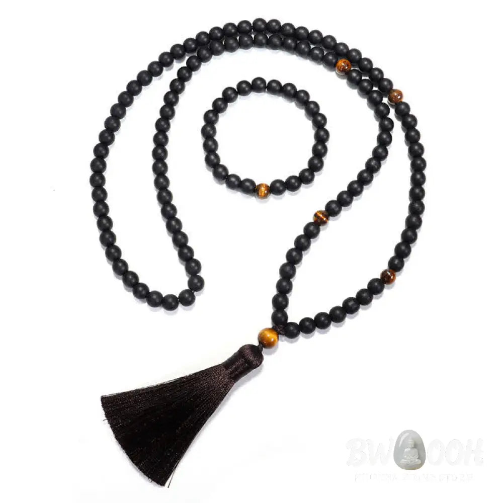 BWOOOH 108 Mala beads featuring frosted stone and natural tiger eye, worn as a balance bracelet and spiritual necklace pendant on elastic string. - View 10