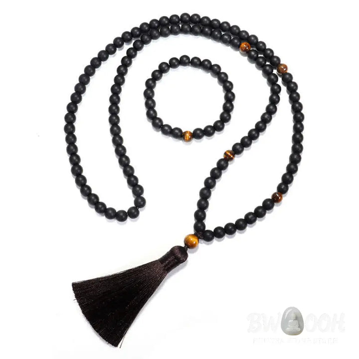 BWOOOH 108 Mala beads featuring frosted stone and natural tiger eye, worn as a balance bracelet and spiritual necklace pendant on elastic string. - View 10