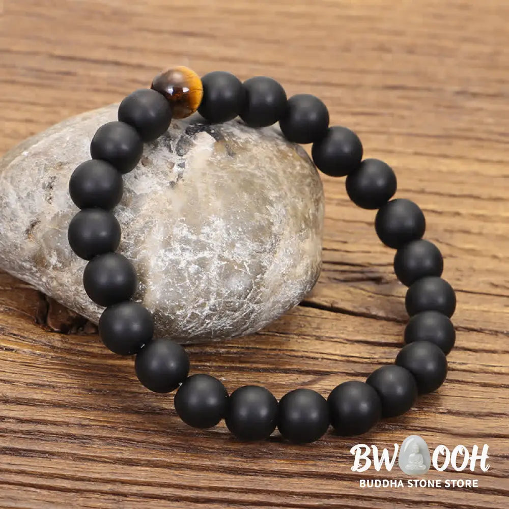 BWOOOH 108 Mala beads featuring frosted stone and natural tiger eye, worn as a balance bracelet and spiritual necklace pendant on elastic string. - View 3