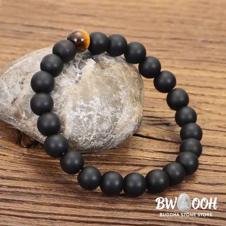BWOOOH 108 Mala beads featuring frosted stone and natural tiger eye, worn as a balance bracelet and spiritual necklace pendant on elastic string. - View 3