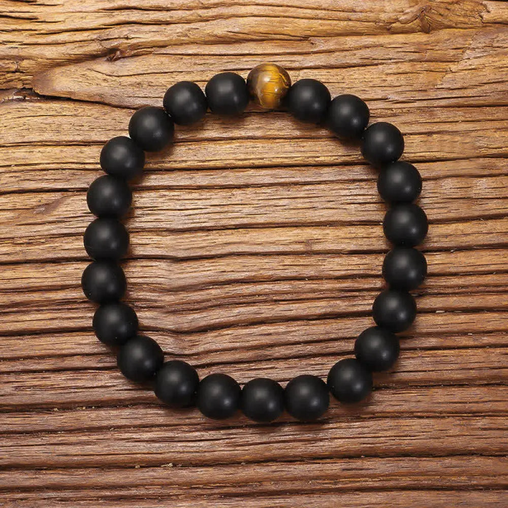 BWOOOH 108 Mala beads featuring frosted stone and natural tiger eye, worn as a balance bracelet and spiritual necklace pendant on elastic string. - View 2