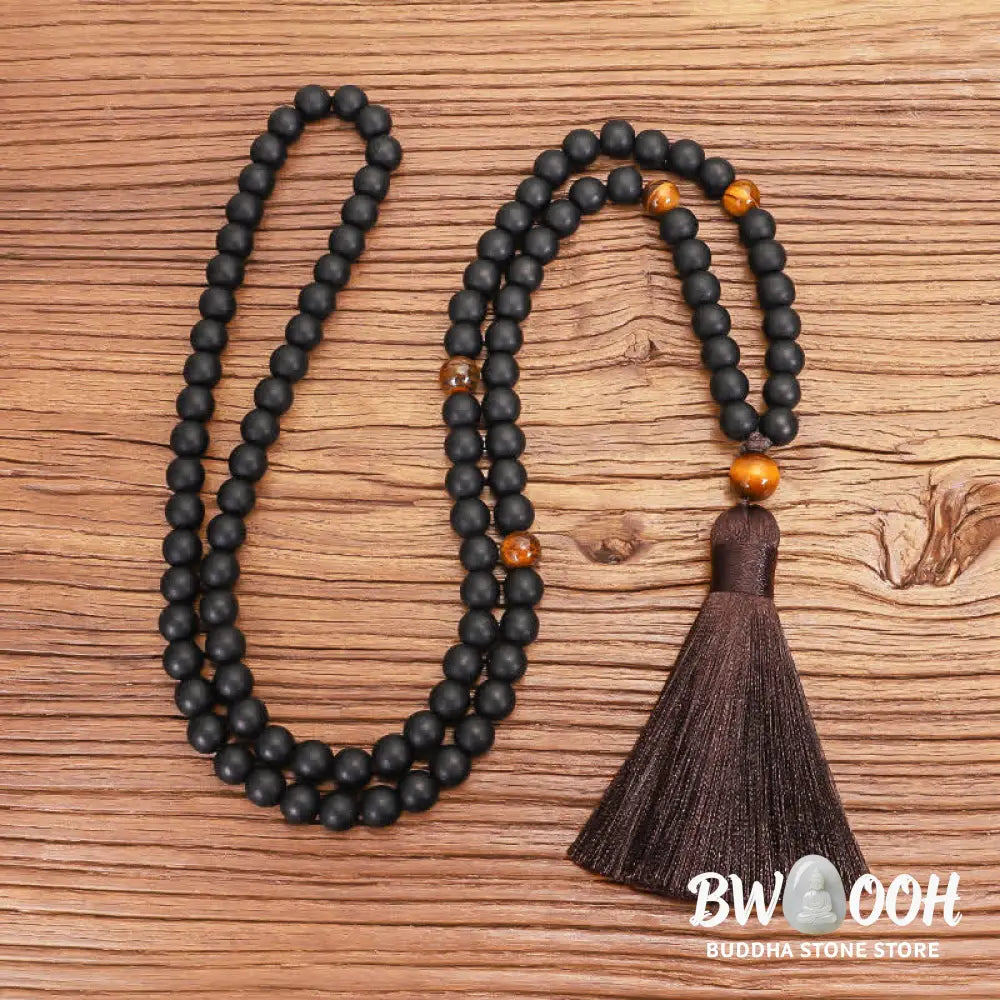 BWOOOH 108 Mala beads featuring frosted stone and natural tiger eye, worn as a balance bracelet and spiritual necklace pendant on elastic string. - View 7