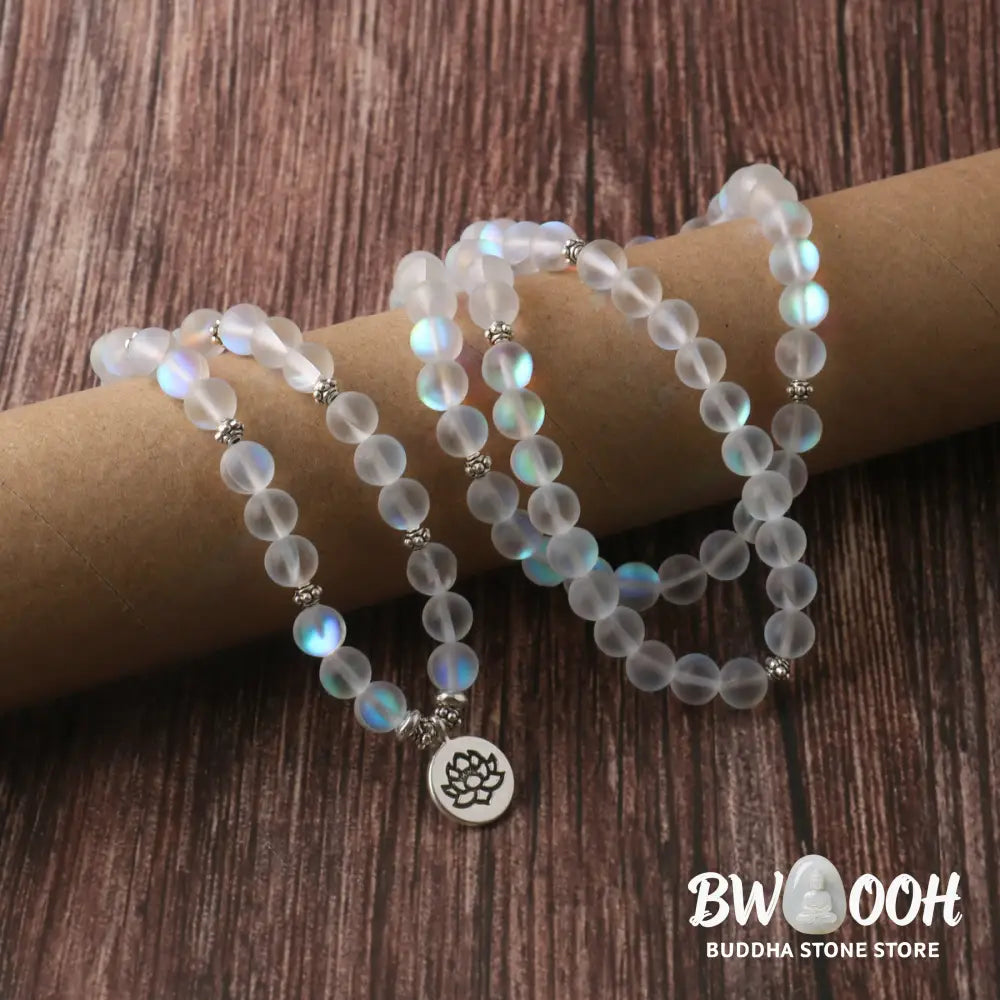 BWOOOH 108 Glitter Stone Lotus Enlightenment Bracelet, featuring 108 synthetic glitter beads on an elastic string with a round lotus-engraved alloy pendant, ideal for mindful meditation. - View 4