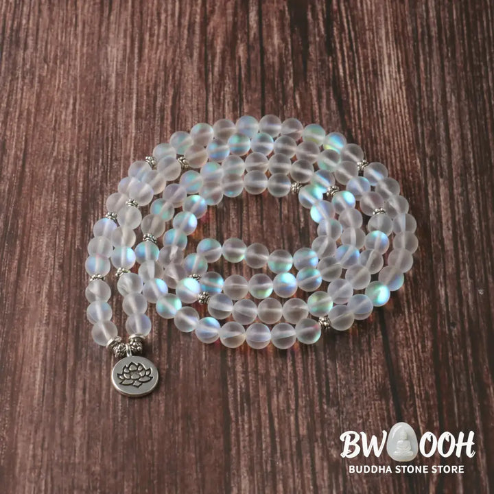 BWOOOH 108 Glitter Stone Lotus Enlightenment Bracelet, featuring 108 synthetic glitter beads on an elastic string with a round lotus-engraved alloy pendant, ideal for mindful meditation. - View 3