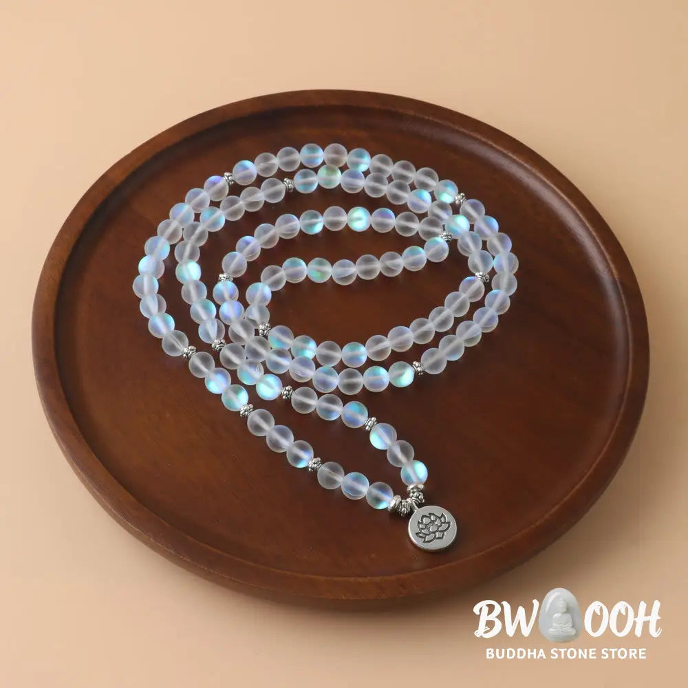 BWOOOH 108 Glitter Stone Lotus Enlightenment Bracelet, featuring 108 synthetic glitter beads on an elastic string with a round lotus-engraved alloy pendant, ideal for mindful meditation. - View 2