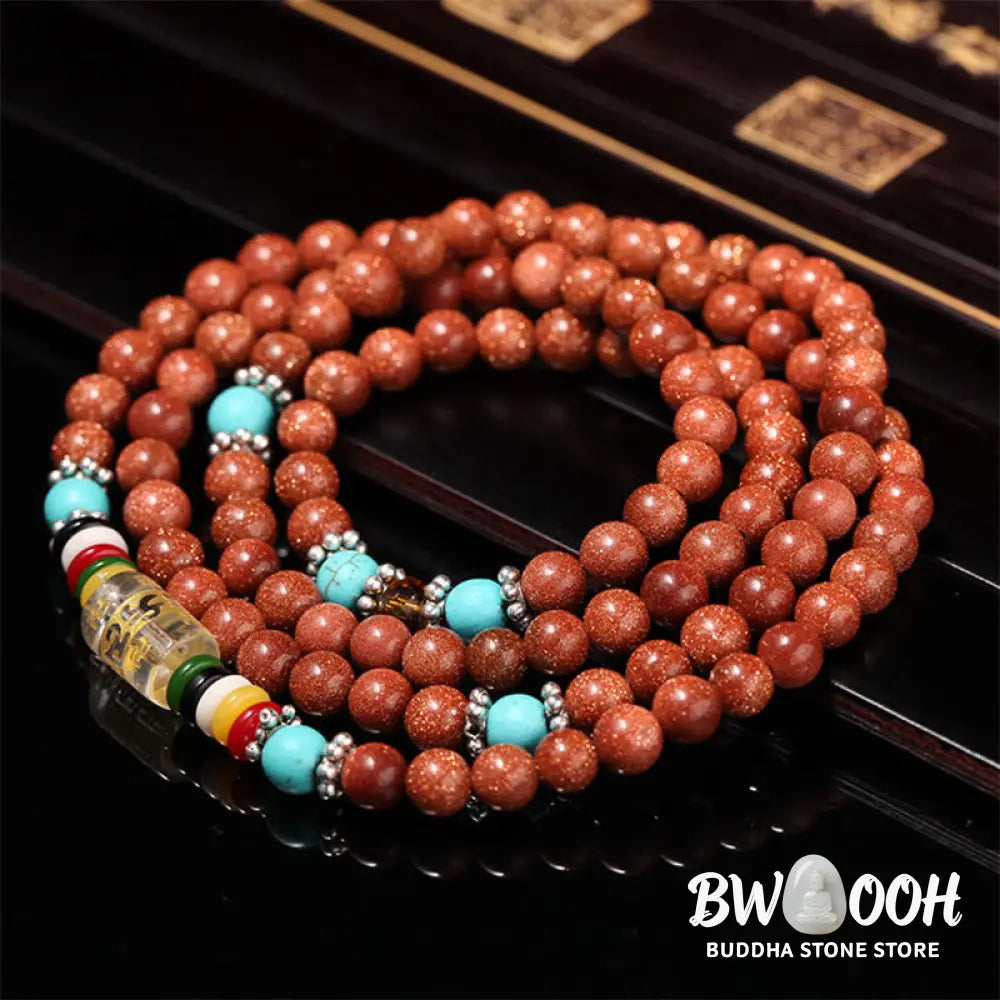 BWOOOH 108 Goldstone Mala Confidence Bracelet with Om Mani Padme Hum and Swastika symbols, promoting spiritual focus, balance, and positive energy during meditation. - View 7