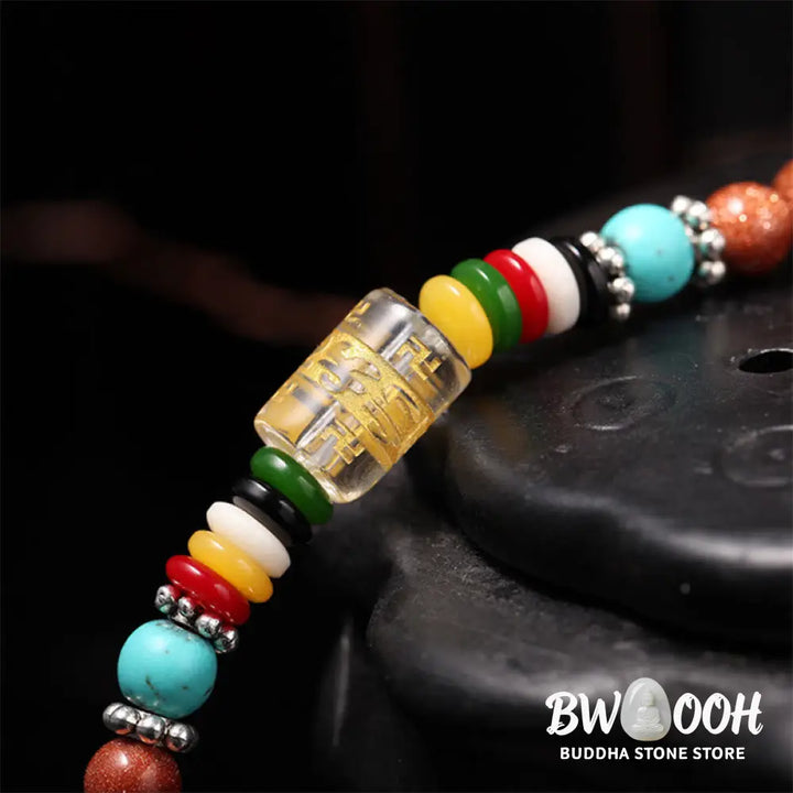 BWOOOH 108 Goldstone Mala Confidence Bracelet with Om Mani Padme Hum and Swastika symbols, promoting spiritual focus, balance, and positive energy during meditation. - View 6