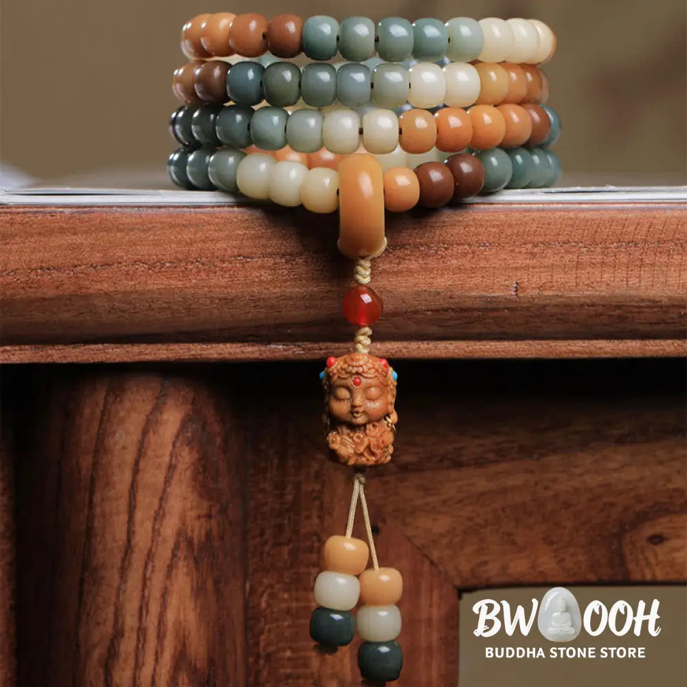 BWOOOH 108 Gradient Bodhi Seed Mala Bracelet with Green Tara Buddha Engraving for Peace, Harmony, and Mindfulness Meditation - View 2