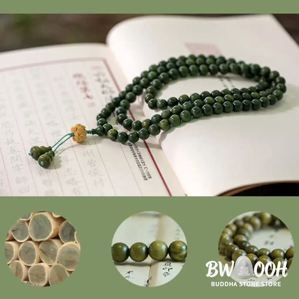 BWOOOH 108 mala beads bracelet crafted from natural green sandalwood and boxwood, featuring a distinct lotus symbol charm, designed for meditation, positive energy, and spiritual tranquility. - View 22