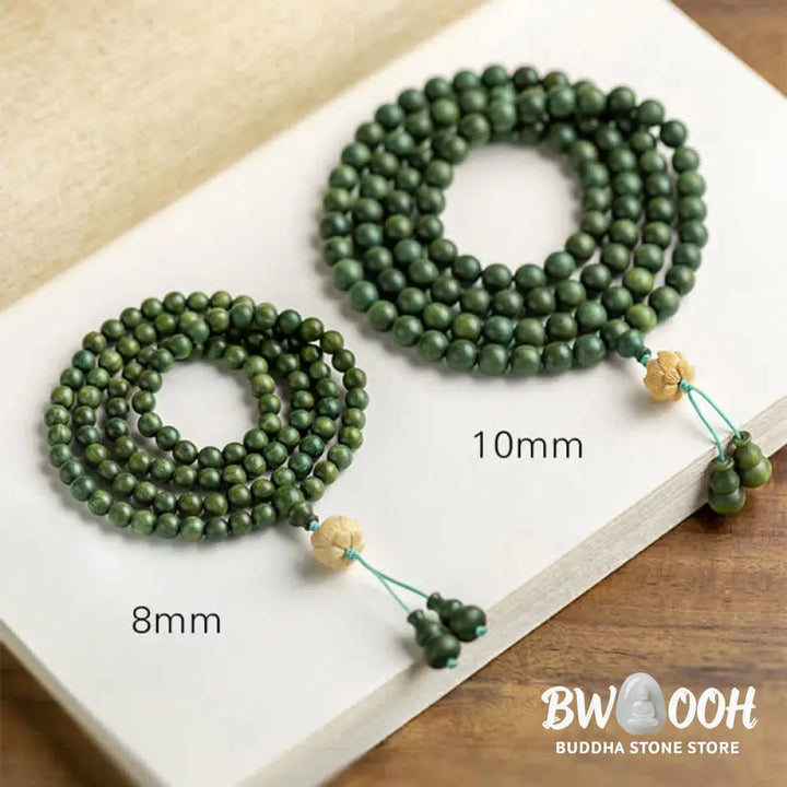 BWOOOH 108 mala beads bracelet crafted from natural green sandalwood and boxwood, featuring a distinct lotus symbol charm, designed for meditation, positive energy, and spiritual tranquility. - View 21