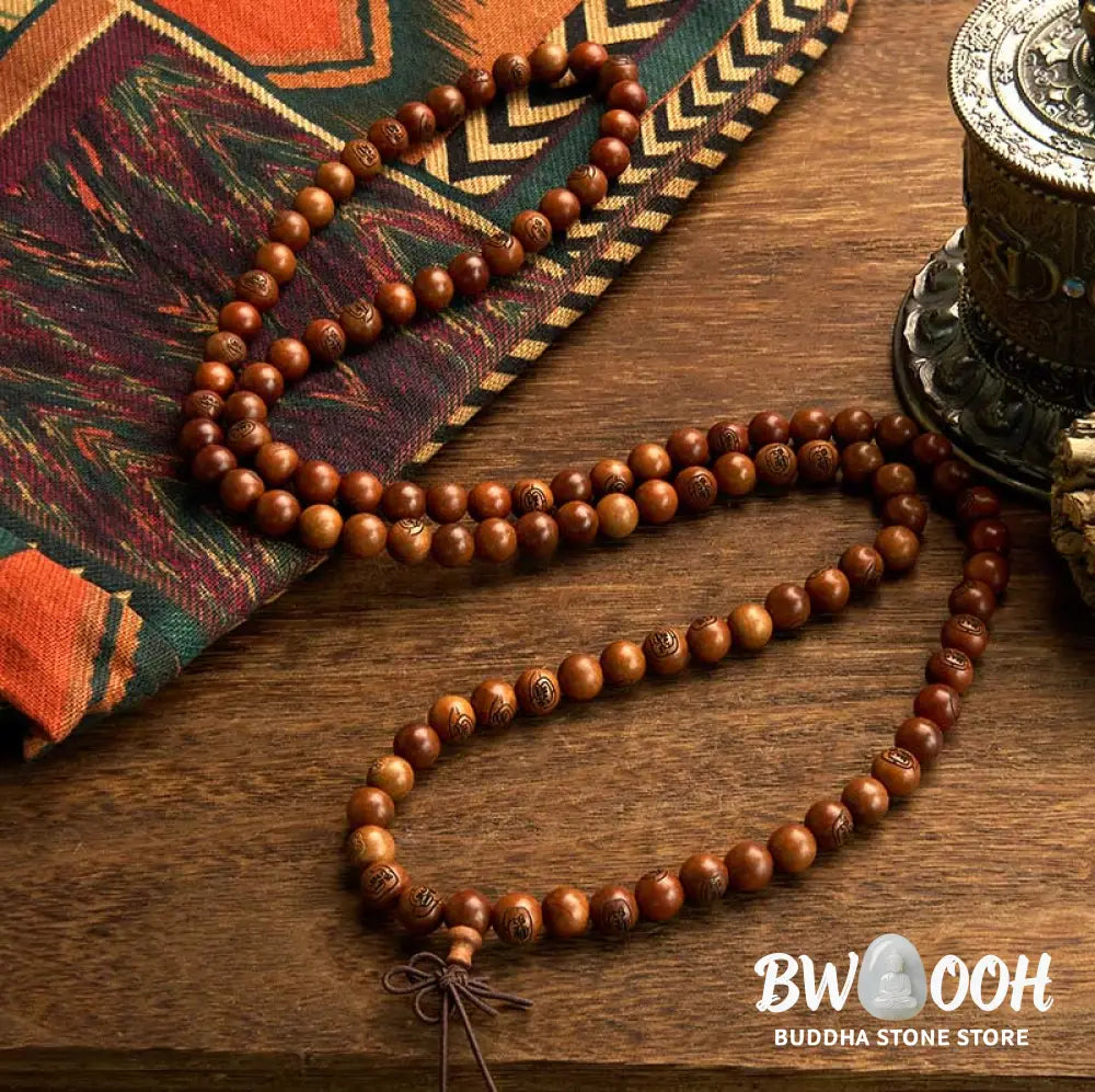 BWOOOH 108 Mala meditation bracelet crafted from authentic lightning-struck jujube wood, featuring individually engraved Golden Light Mantra beads. Unisex design with an elastic string for spiritual protection and mindful practice. - View 2