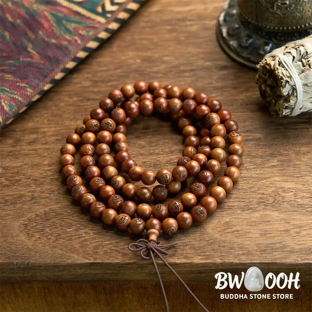 BWOOOH 108 Mala meditation bracelet crafted from authentic lightning-struck jujube wood, featuring individually engraved Golden Light Mantra beads. Unisex design with an elastic string for spiritual protection and mindful practice. - View 6