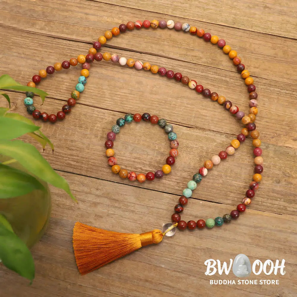 BWOOOH 108 Mookaite Mala Beads, showcasing vibrant earthy tones of red, yellow, and cream, styled as both an 86cm tassel necklace and a 16-19cm spiritual protection bracelet, crafted for emotional growth and mindfulness. - View 2
